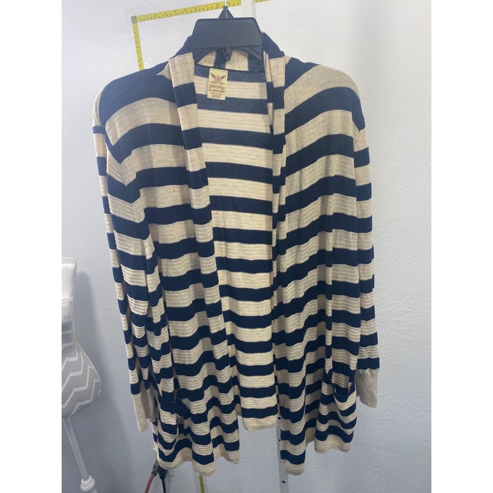 Faded Glory Womens 2X Navy Blue Cream Striped Open Front Cardigan Sweater Pocket